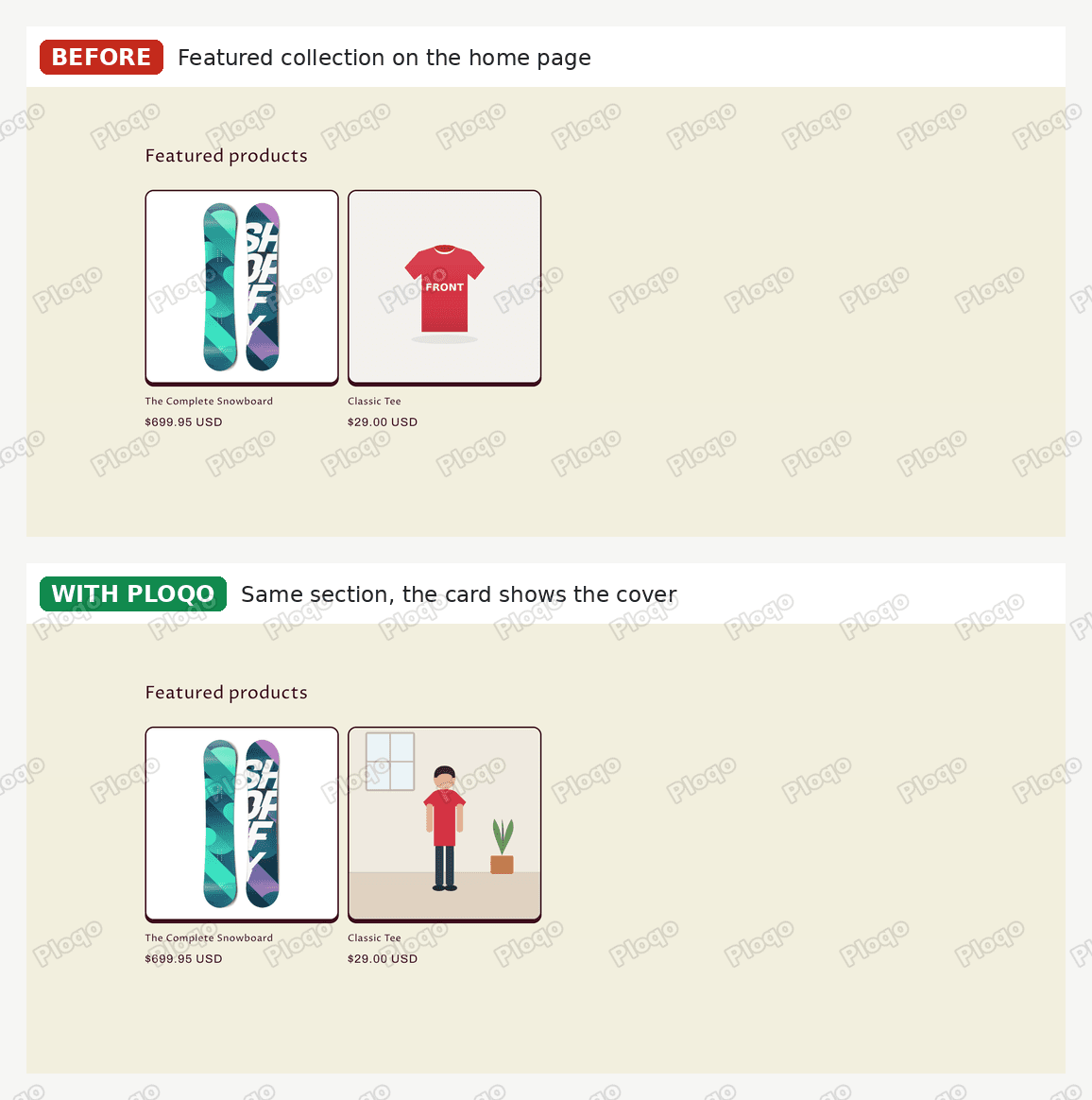 The Crave home page Featured products section: before, the Classic Tee shows the red front photo; with Ploqo, the lookbook cover