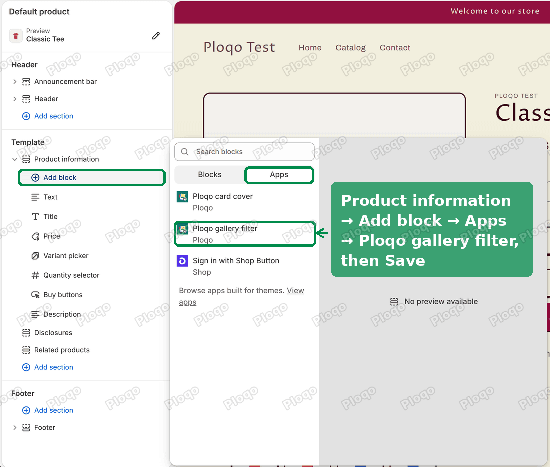 The Crave theme editor on the product page: Product information, Add block, the Apps tab and Ploqo gallery filter highlighted