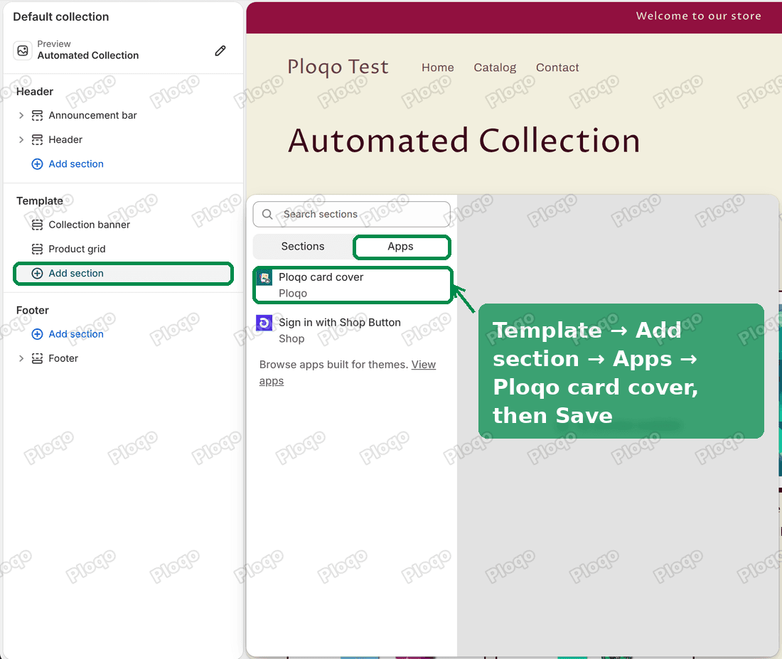 The Crave theme editor on the collection page: Add section, the Apps tab and Ploqo card cover highlighted