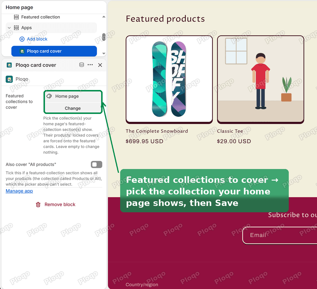 The Ploqo card cover settings in the Crave theme editor, with Featured collections to cover set to Home page