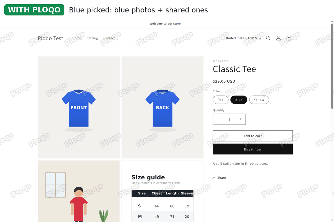Dawn product page with Blue picked and Ploqo on: the blue front and back photos, then the shared photos