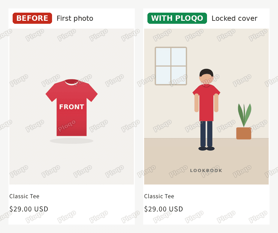 The Dawn collection card for the T-shirt: before, the red front photo; with Ploqo, the locked lookbook cover