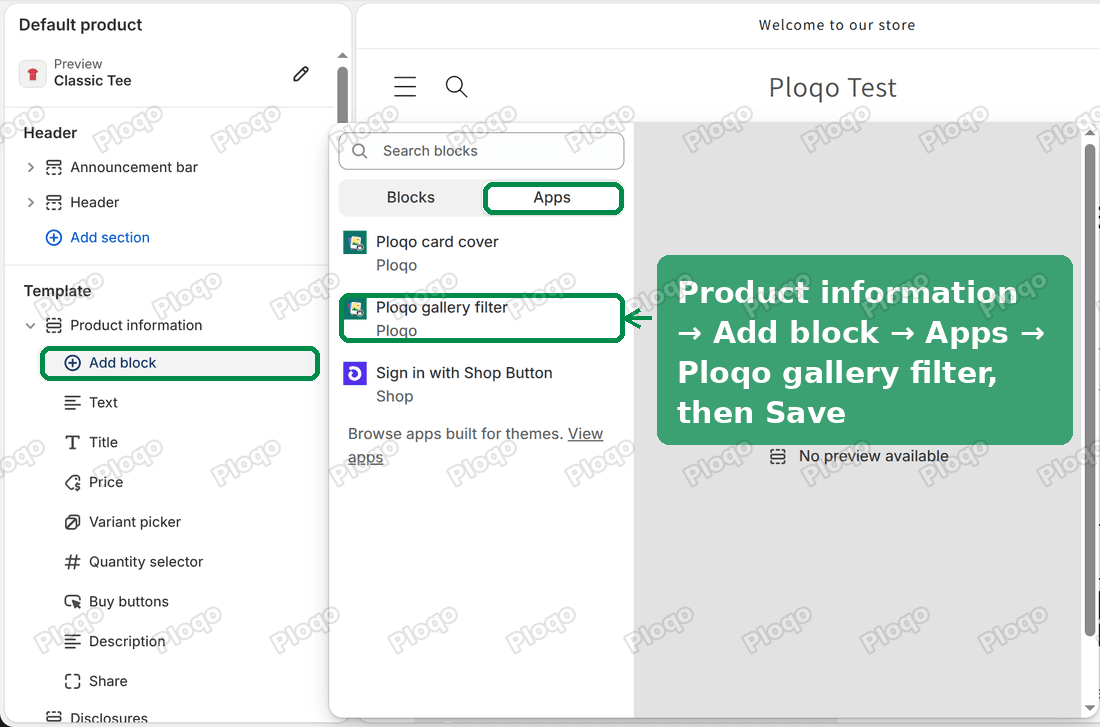The Dawn theme editor on the product page: Product information, Add block, the Apps tab and Ploqo gallery filter highlighted