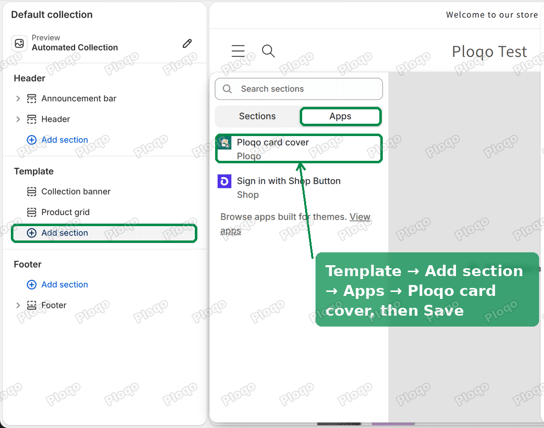 The Dawn theme editor on the collection page: Add section, the Apps tab and Ploqo card cover highlighted