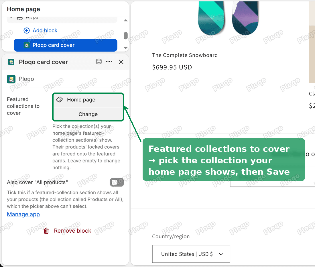 The Ploqo card cover settings in the Dawn theme editor, with Featured collections to cover set to Home page