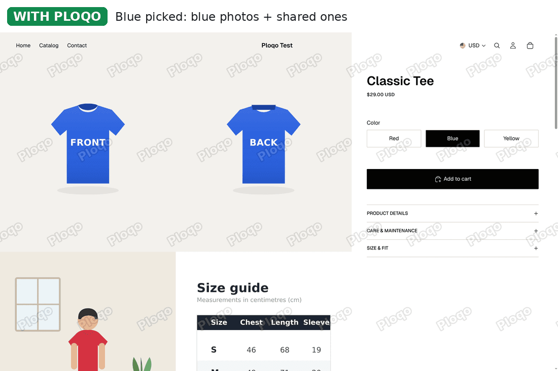 Fabric product page with Blue picked and Ploqo on: the blue front and back in the first row, then the lookbook, size guide and fabric close-up
