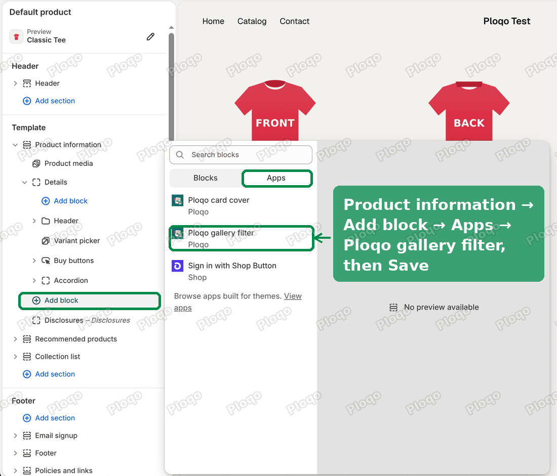 The Fabric theme editor on a product page: Product information, the Add block above Disclosures, the Apps tab and Ploqo gallery filter highlighted