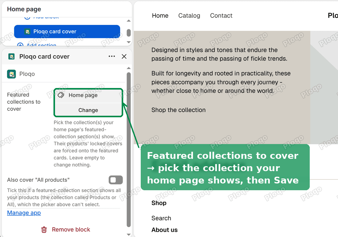 The Ploqo card cover settings in the Fabric theme editor, with Featured collections to cover set to Home page