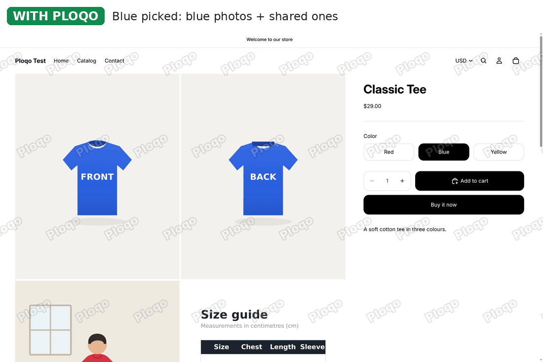 Horizon product page with Blue picked and Ploqo on: the blue front and back photos at the top of the grid, then the lookbook, size guide and fabric photos