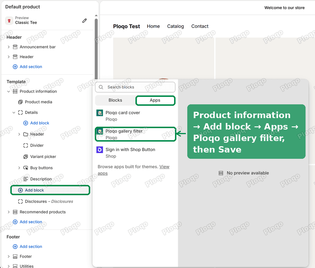 The Horizon theme editor on the product page: under Product information, the Add block link above Disclosures, the Apps tab and Ploqo gallery filter are highlighted