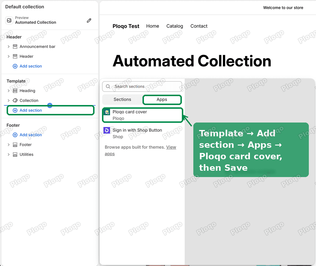 The Horizon theme editor on the collection page: Add section under Template, the Apps tab and Ploqo card cover highlighted