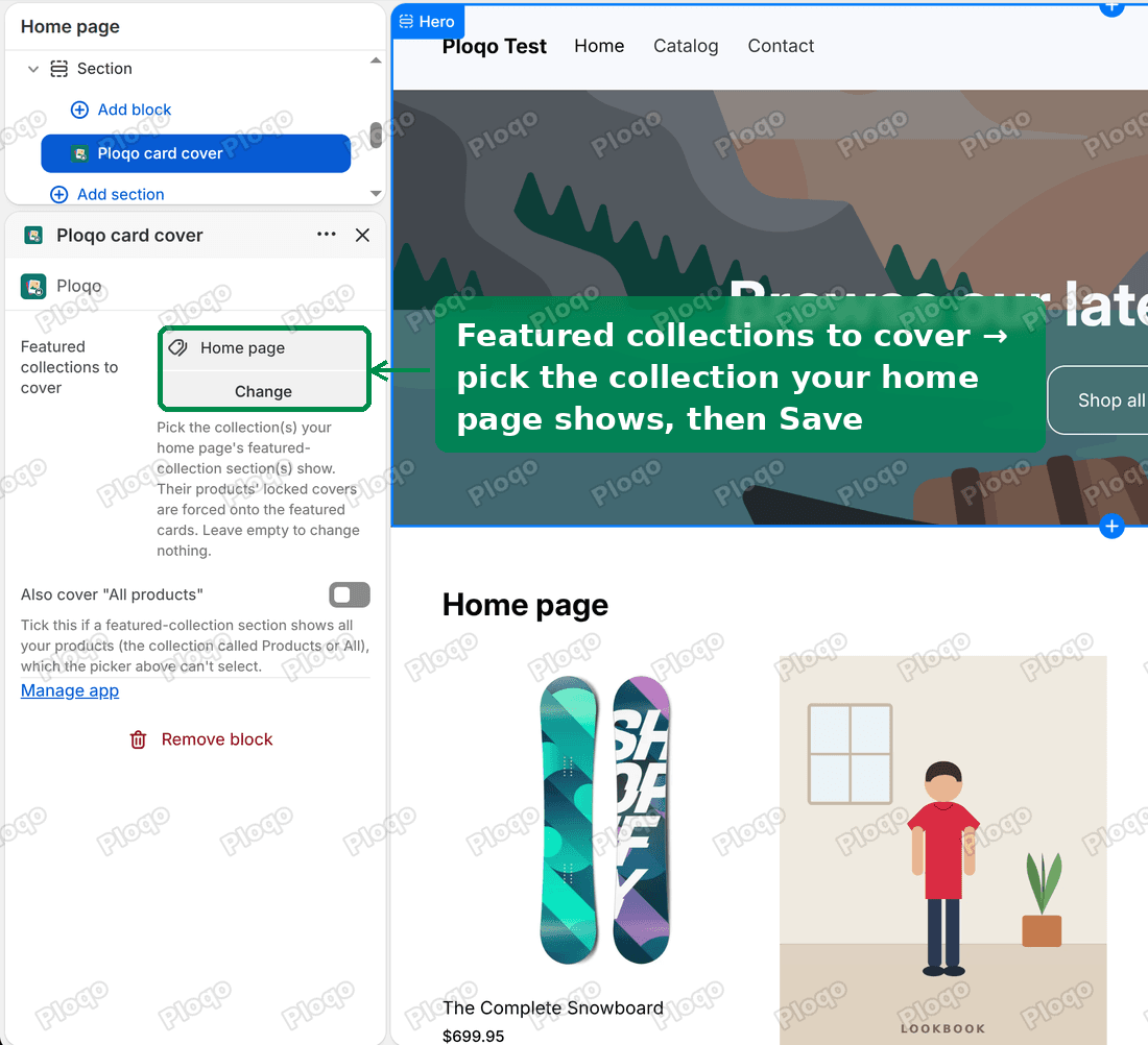 The Ploqo card cover settings in the Horizon theme editor, with Featured collections to cover set to Home page