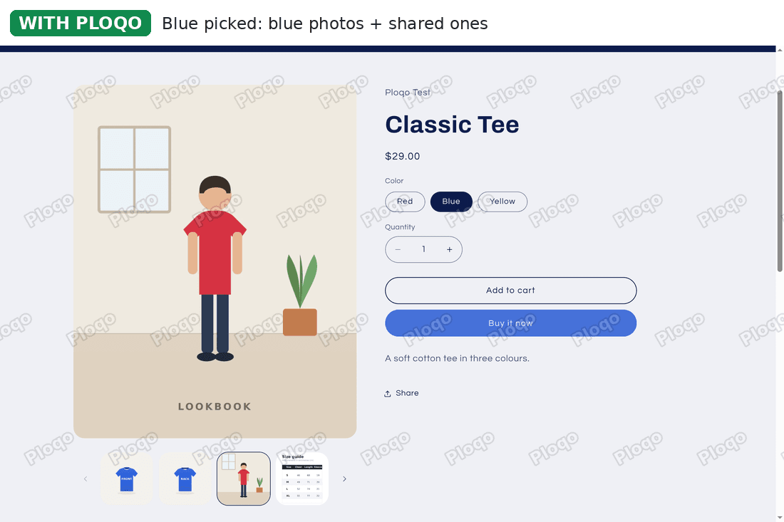 Refresh product page with Blue picked and Ploqo on: the lookbook cover large, then blue front, blue back, lookbook and size guide in the thumbnail strip