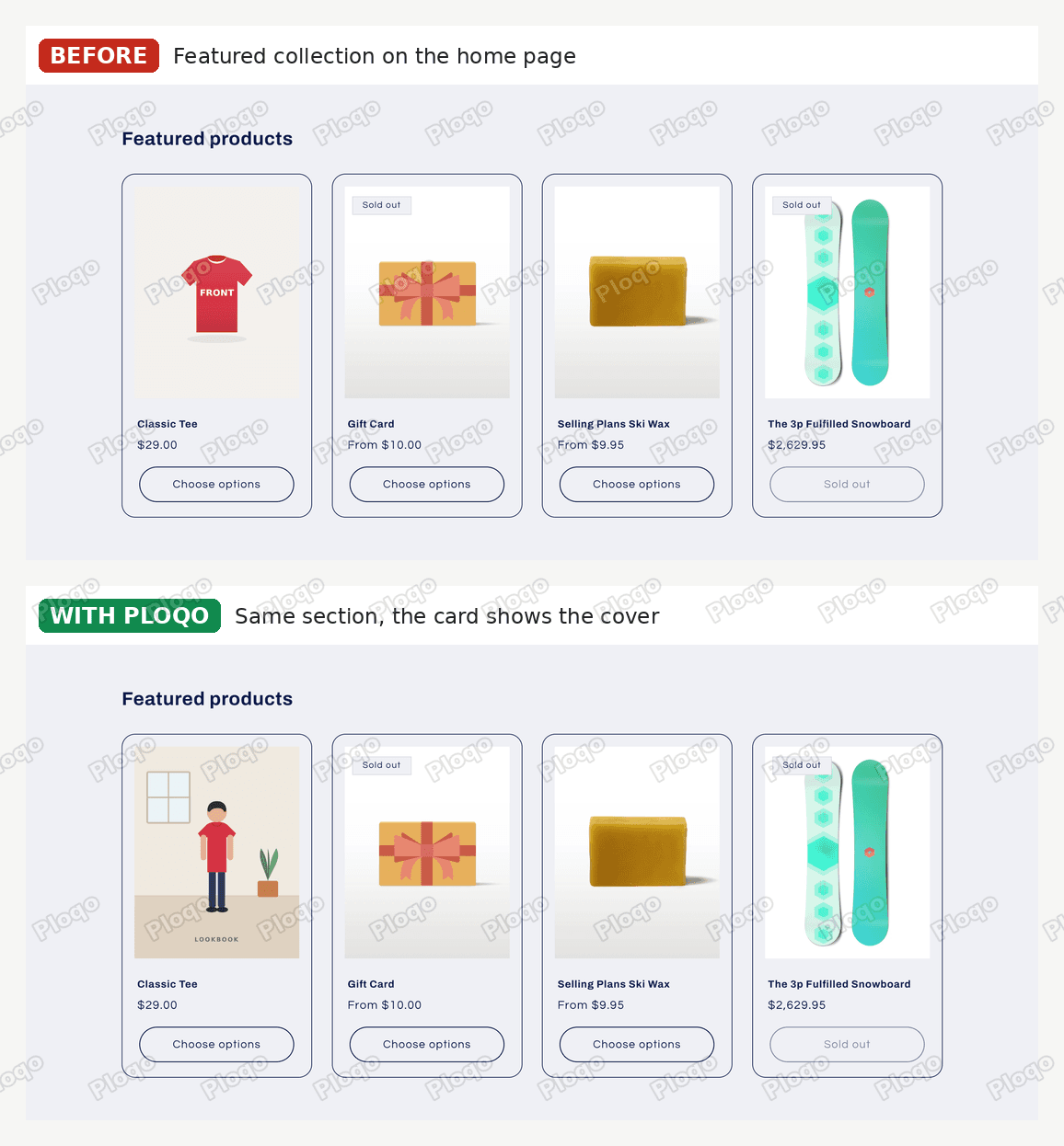 The Refresh home page Featured products row: before, the Classic Tee shows the red front photo; with Ploqo, the lookbook cover