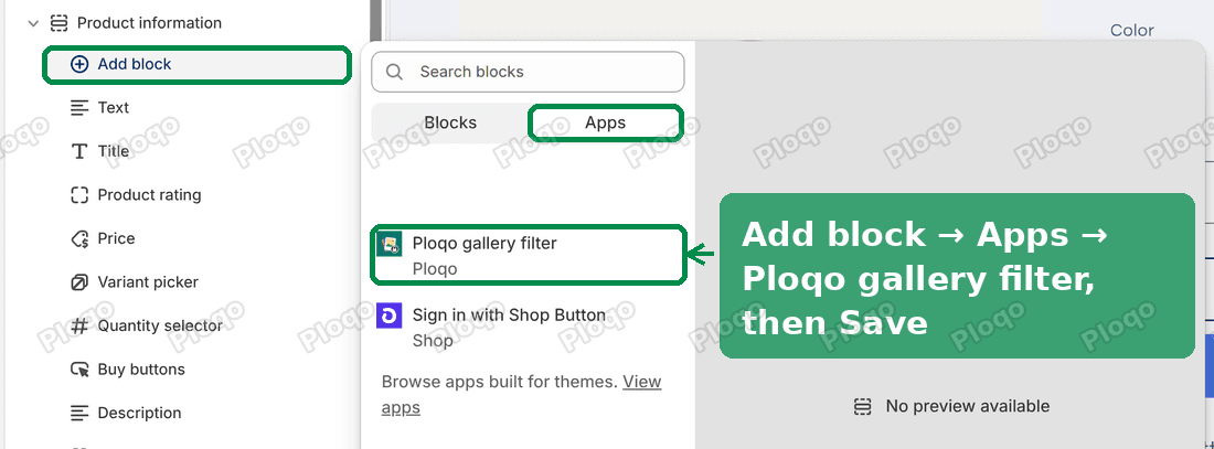 The Refresh theme editor on the product page, with Add block, the Apps tab, Ploqo gallery filter and the Save button highlighted