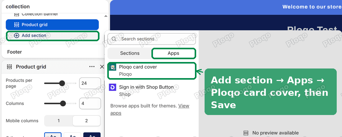 The Refresh theme editor on the collection page, with Add section, the Apps tab, Ploqo card cover and the Save button highlighted