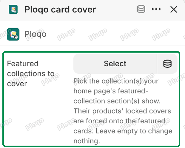 The Ploqo card cover settings in the Refresh theme editor, showing the Featured collections to cover picker with its Select button