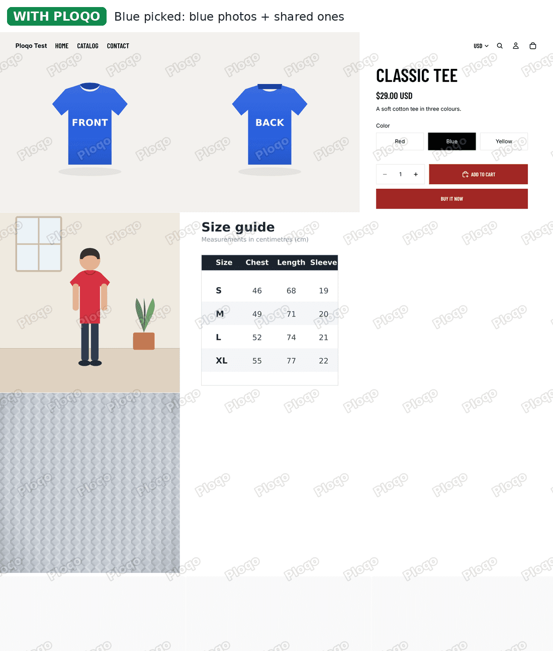 Savor product page with Blue picked and Ploqo on: the blue front and blue back first, then the lookbook, size guide and fabric photos