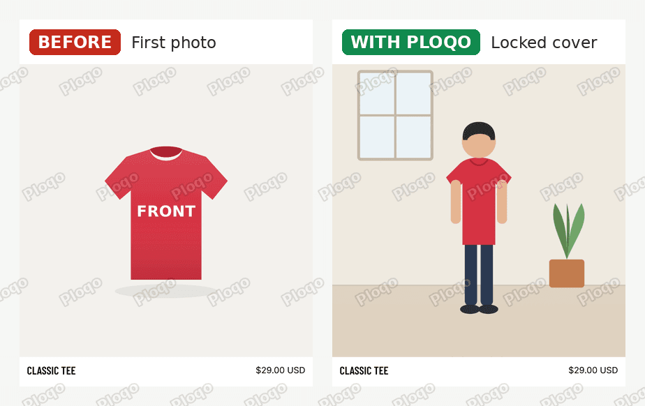 The Savor collection card for Classic Tee: before, the red front photo; with Ploqo, the locked lookbook cover