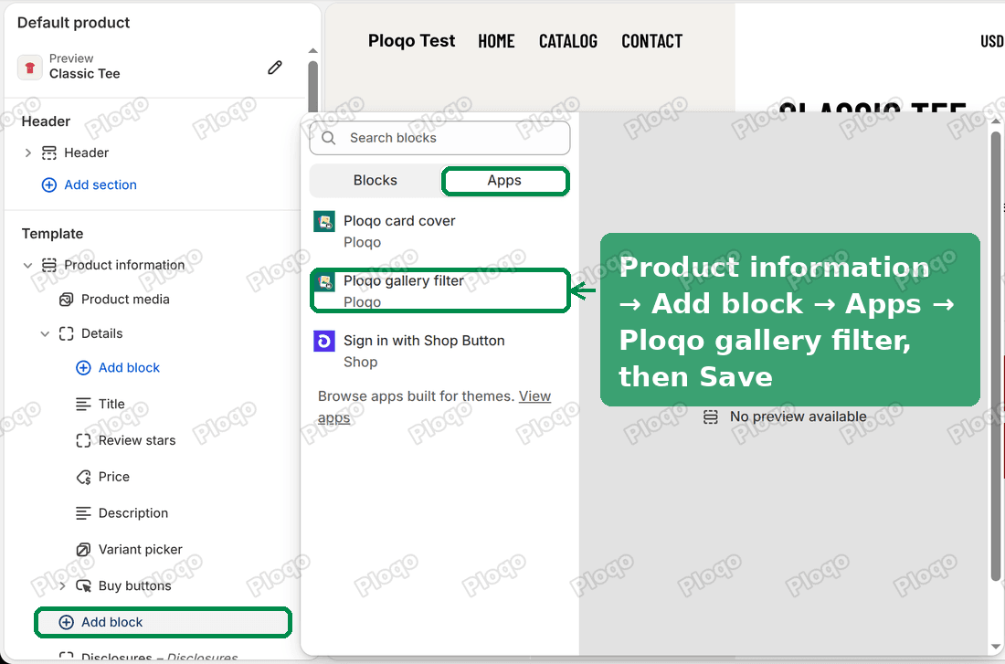 The Savor theme editor on the product page: the Product information section, its bottom Add block button, the Apps tab and Ploqo gallery filter highlighted
