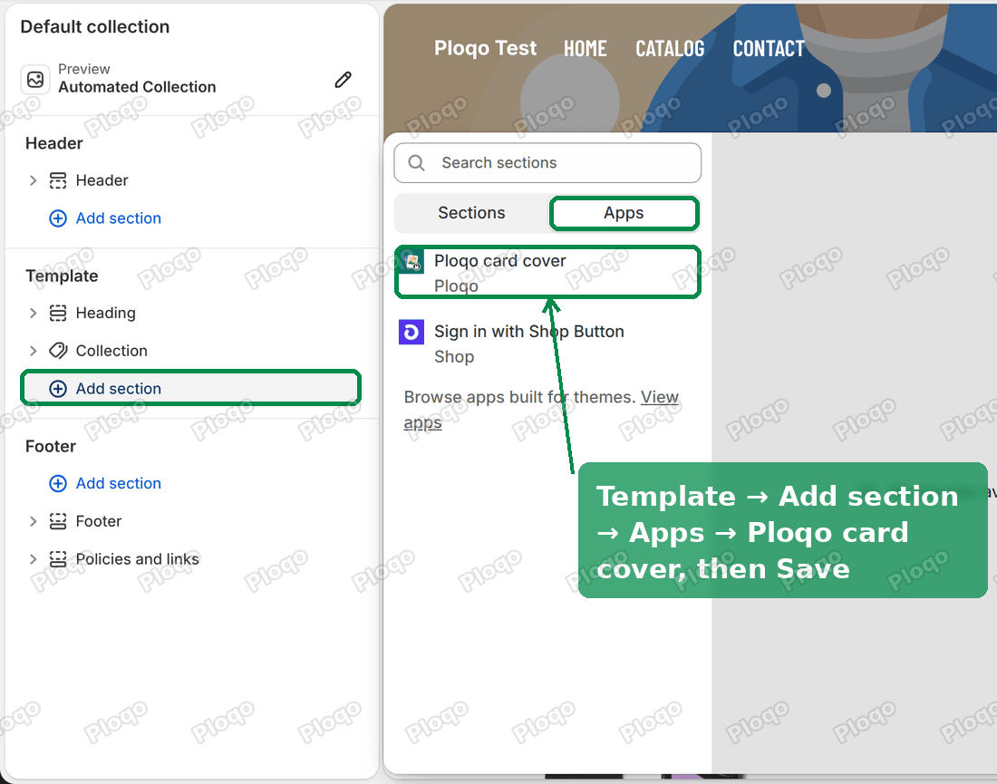 The Savor theme editor on the collection page: Add section below Collection, the Apps tab and Ploqo card cover highlighted