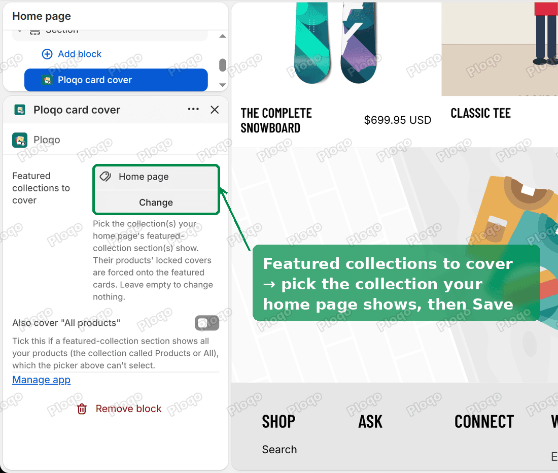 The Ploqo card cover settings in the Savor theme editor, with Featured collections to cover set to Home page