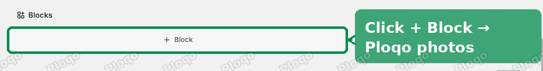The Blocks section on a Shopify product page, with the + Block button highlighted