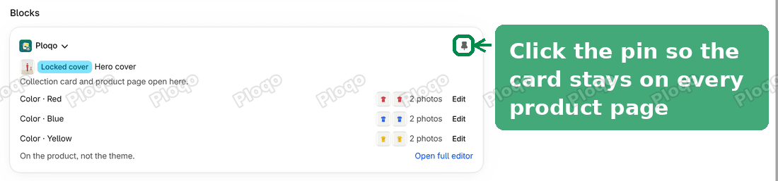 The Ploqo card on a product page, with the pin icon highlighted