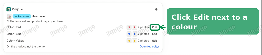 The Ploqo card listing Red, Blue and Yellow, each with two photos and an Edit button