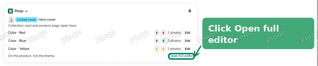 The Ploqo card with the Open full editor link highlighted