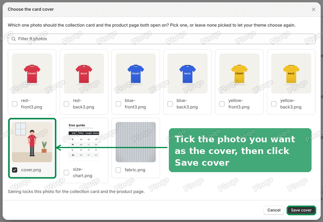 The Choose the card cover window, with the lookbook photo ticked and the Save cover button highlighted