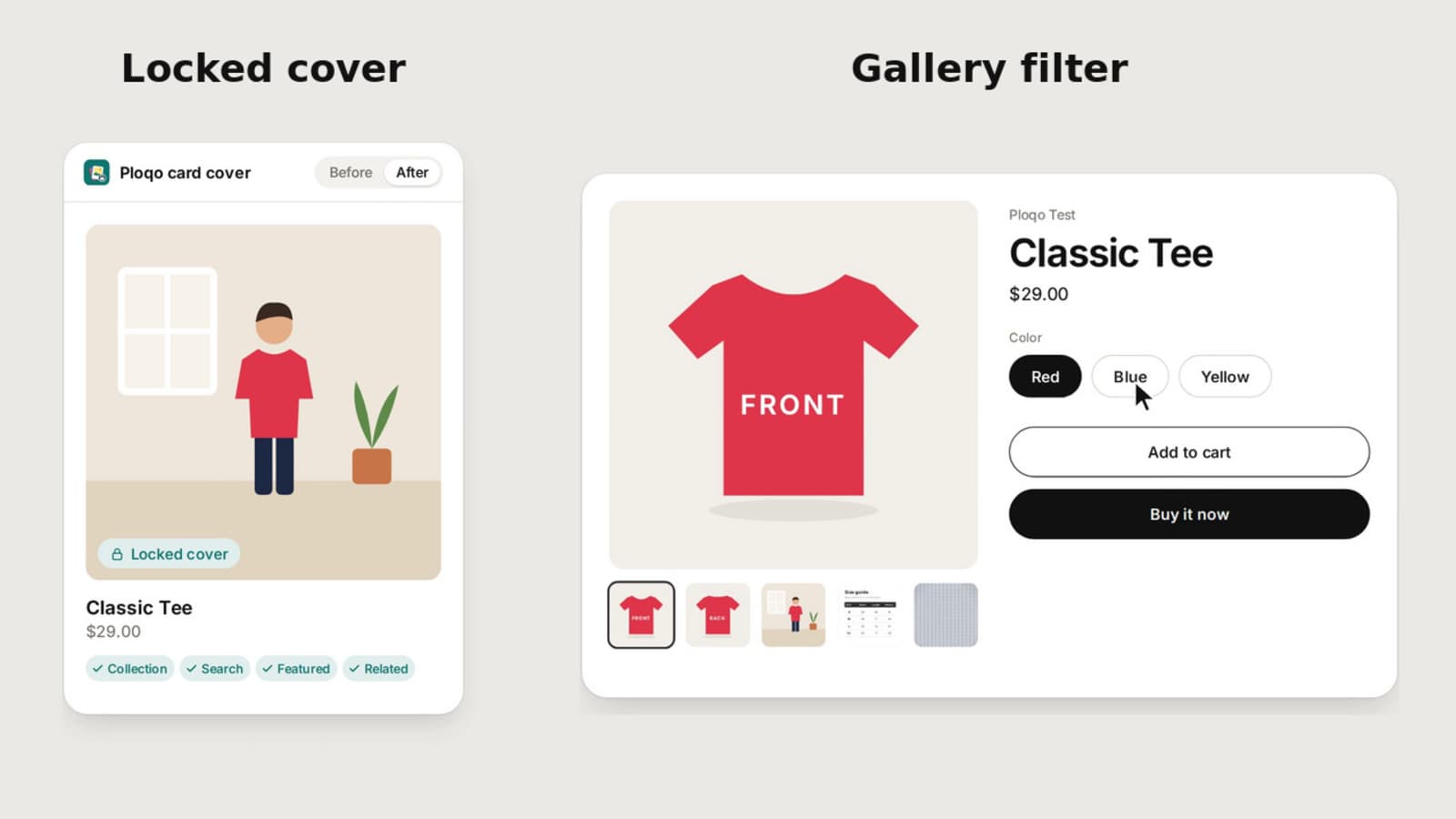 Ploqo on the product page and on the collection card, before and after