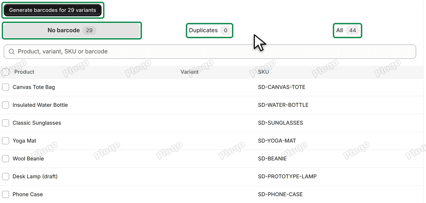 The Barcodes page on the No barcode view: the Generate barcodes for 29 variants button, the views No barcode 29, Duplicates 0 and All 44, the filter field and the list of variants