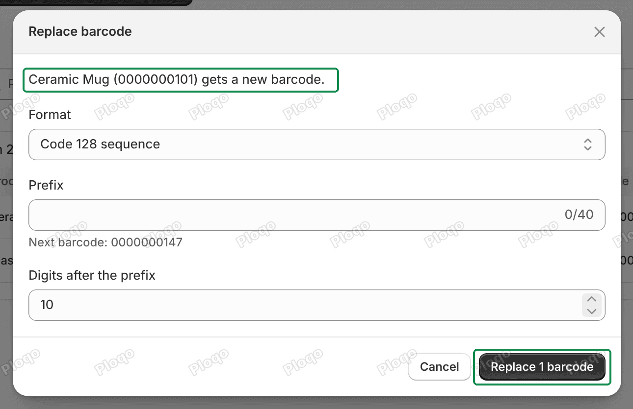 The Replace barcode box: Ceramic Mug (0000000101) gets a new barcode, the Format, Prefix and Digits after the prefix fields and the Replace 1 barcode button