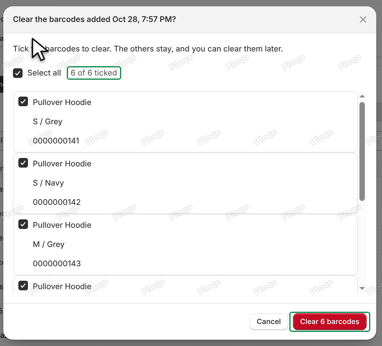 The Clear the barcodes added Oct 28, 7:57 PM? box with Select all, 6 of 6 ticked, one row per variant and the Clear 6 barcodes button