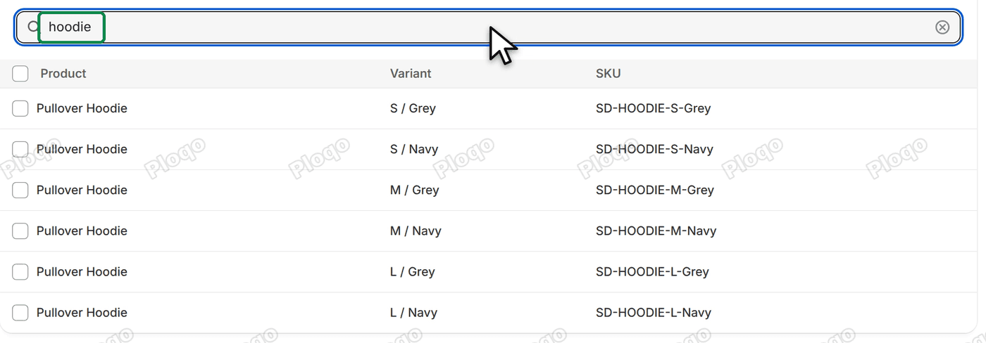 The No barcode view filtered by hoodie, listing six Pullover Hoodie variants