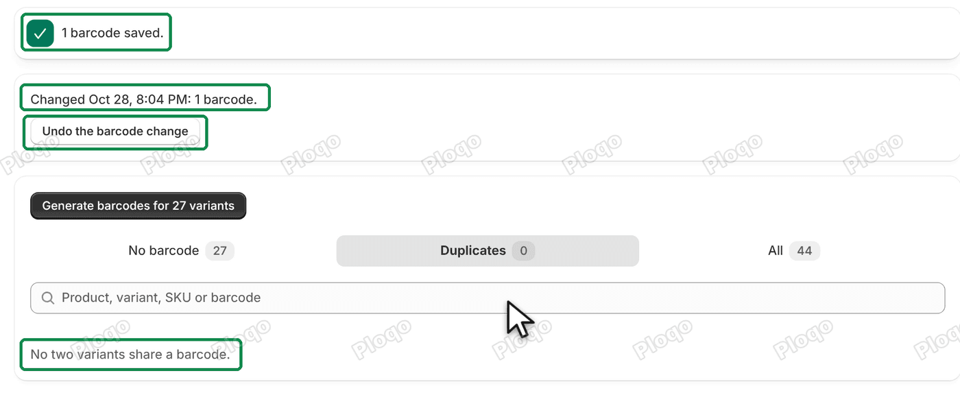 After Replace: 1 barcode saved., the line Changed Oct 28, 8:04 PM: 1 barcode. and the Undo the barcode change button