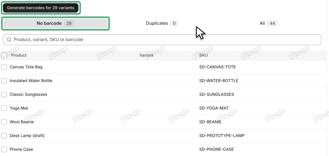 The Barcodes page on the No barcode view: Generate barcodes for 29 variants, the views No barcode 29, Duplicates 0 and All 44, and the list of variants
