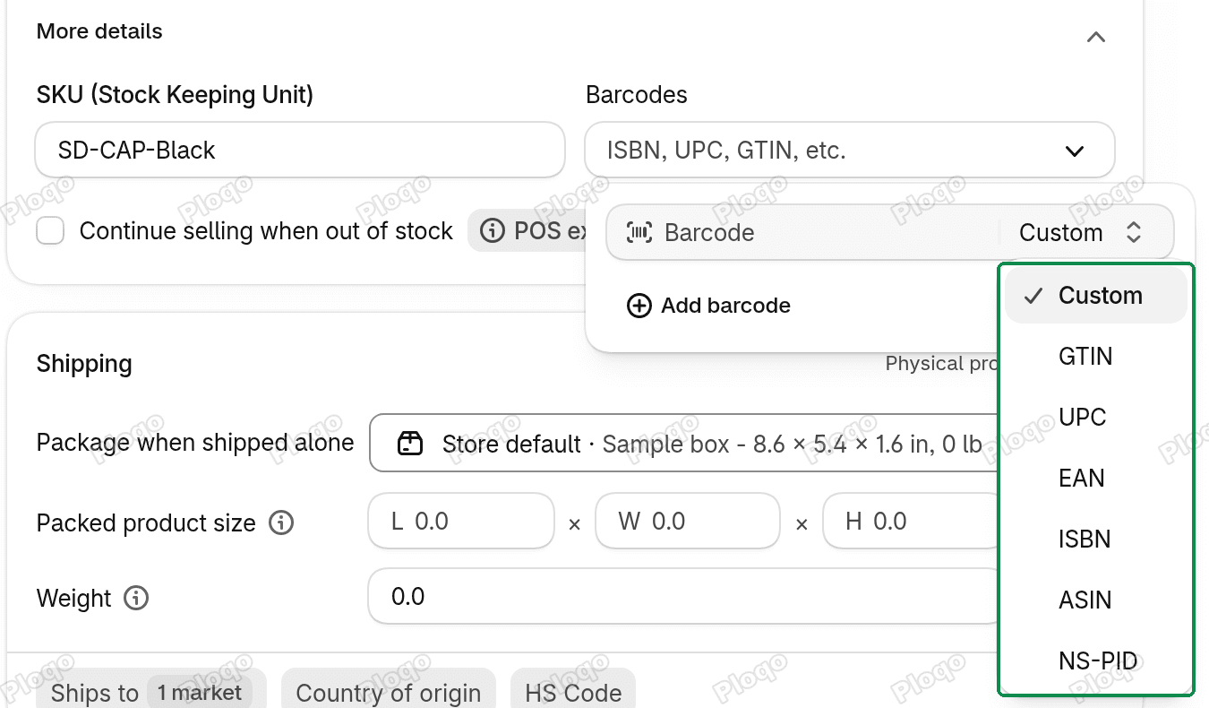 A variant's Barcodes section in the Shopify admin with the barcode type list open