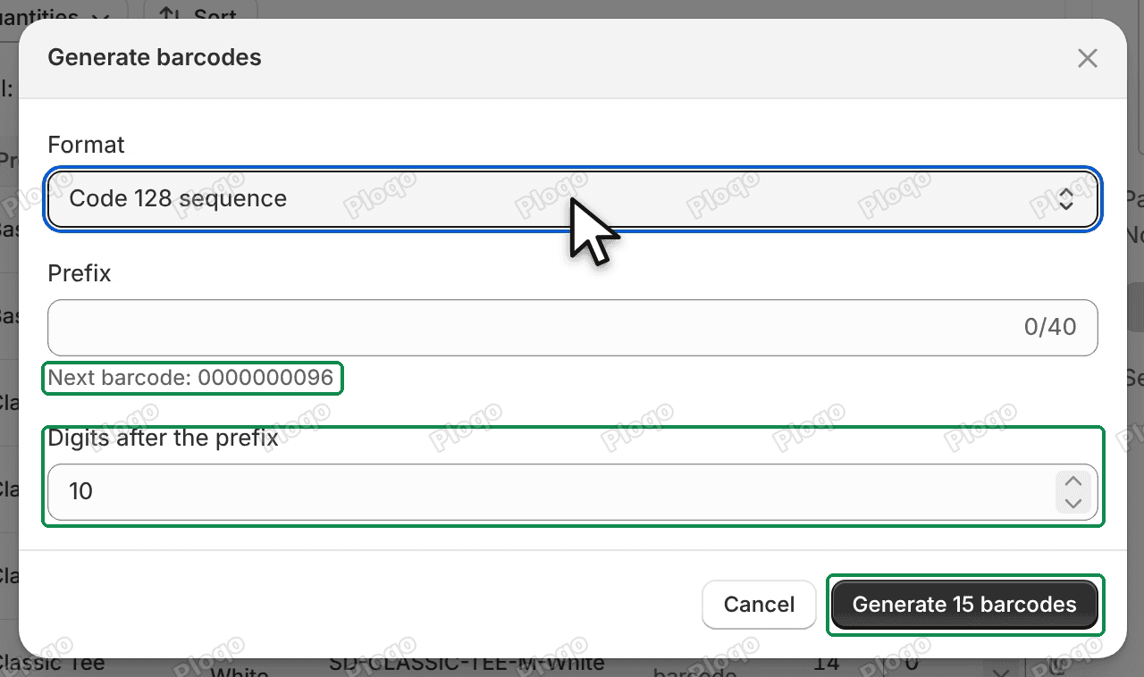 The Generate barcodes box with Format Code 128 sequence, an empty Prefix, Next barcode: 0000000096, Digits after the prefix 10 and the Generate 15 barcodes button