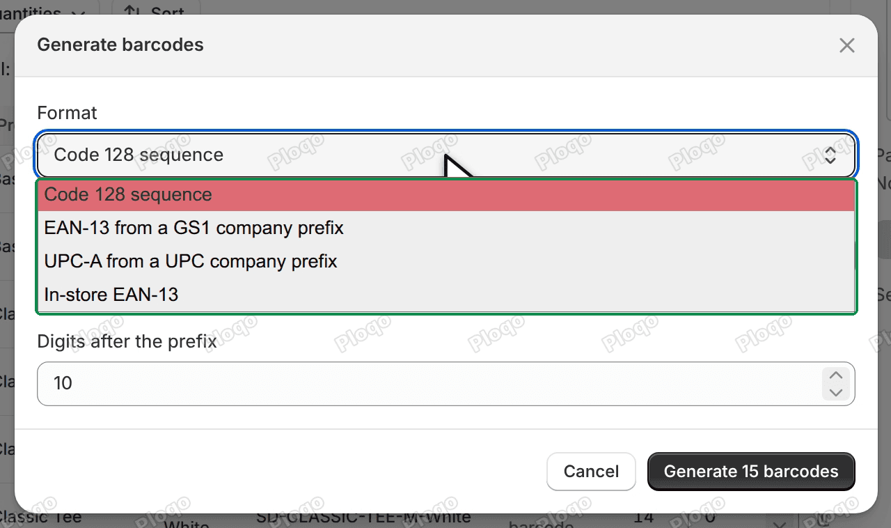 The Generate barcodes box with the Format list open: Code 128 sequence, EAN-13 from a GS1 company prefix, UPC-A from a UPC company prefix and In-store EAN-13