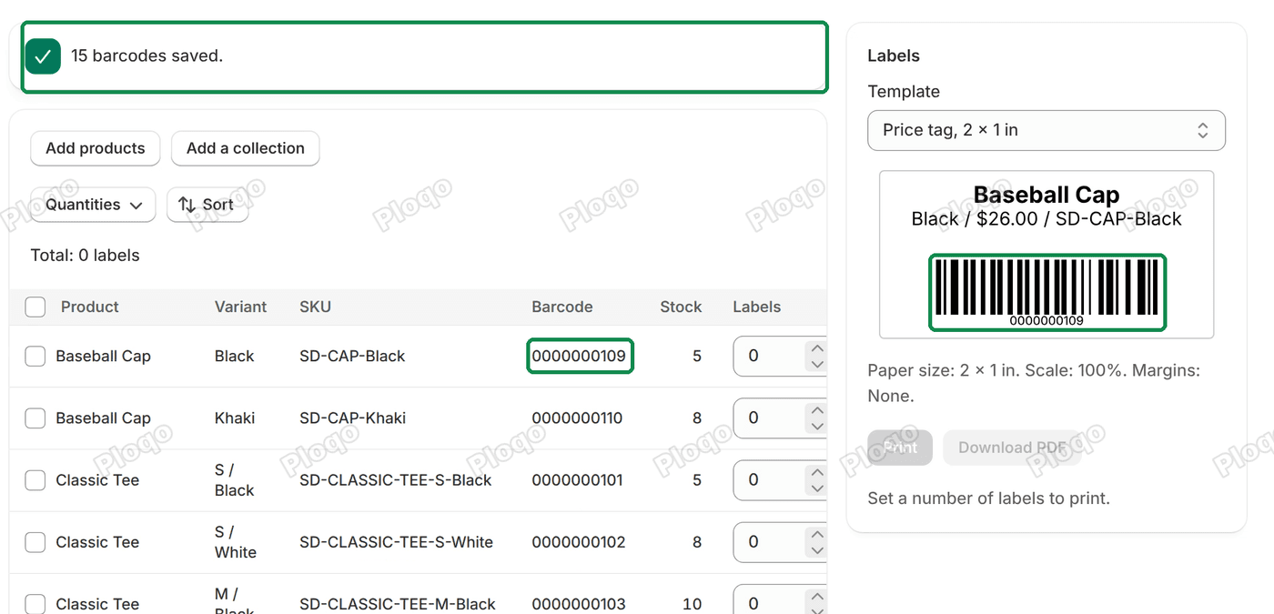 The Print page after the run: the banner 15 barcodes saved., rows showing their new barcodes, and the label preview with bars