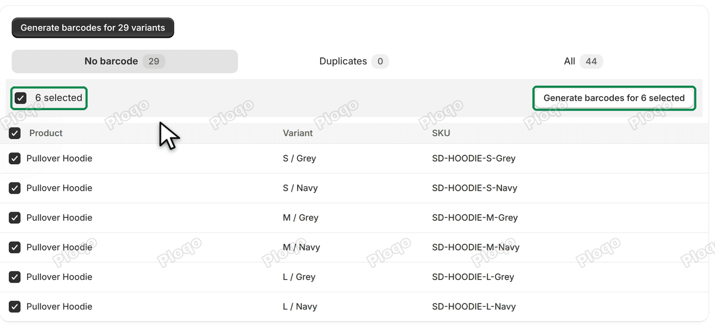 Six Pullover Hoodie rows ticked on the Barcodes page, with 6 selected and the Generate barcodes for 6 selected button
