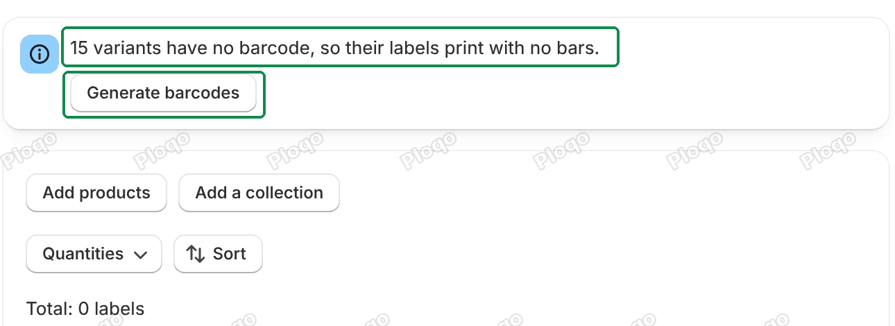 The Print page banner 15 variants have no barcode, so their labels print with no bars, with its Generate barcodes button