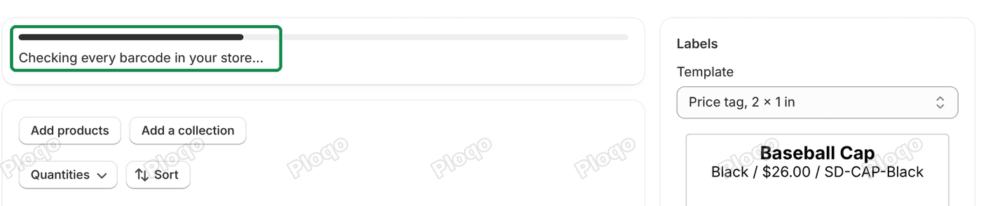 The progress bar with Checking every barcode in your store… at the top of the Print page