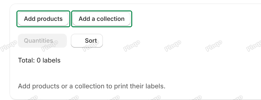 The empty Print page with the Add products and Add a collection buttons, the Quantities and Sort buttons, and Total: 0 labels