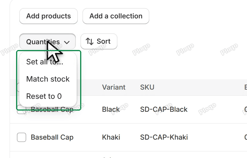 The Quantities menu open with Set all to…, Match stock and Reset to 0