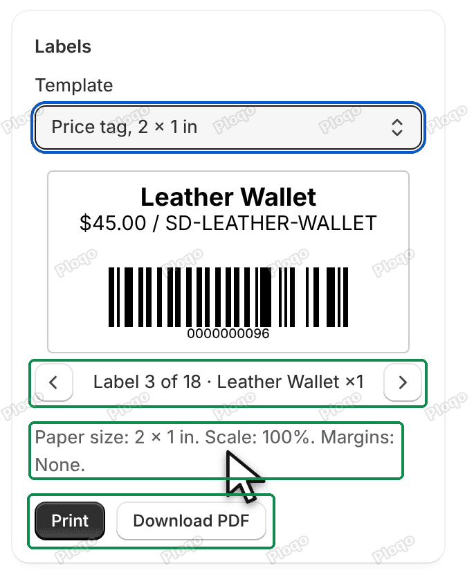 The Labels card: the preview of a Leather Wallet label with bars, the arrows and Label 3 of 18, the Paper size line, and the Print and Download PDF buttons