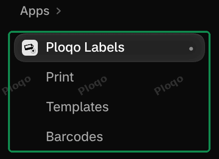 The Shopify admin menu with Ploqo Labels under Apps and its three pages: Print, Templates and Barcodes