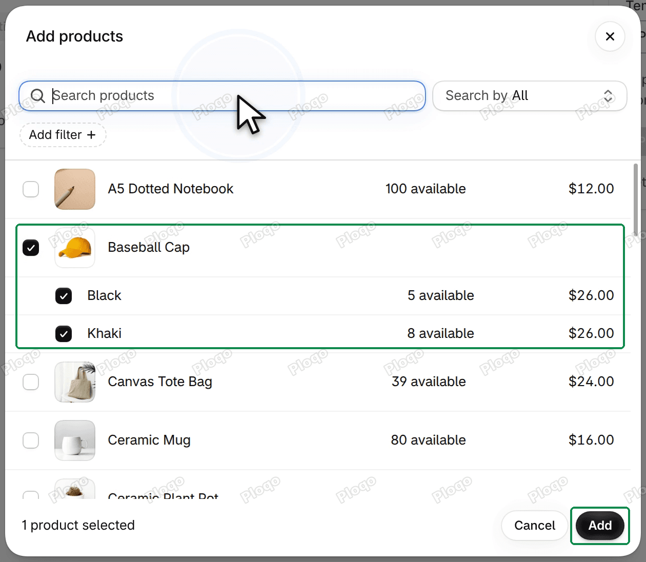 Shopify's product picker over the Print page, with Baseball Cap and both its variants ticked and the Add button